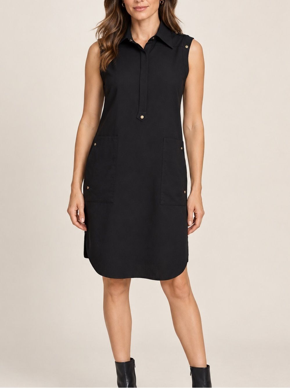 Cache Black Sleeveless Utility Shirt Dress Gold Snaps Size S